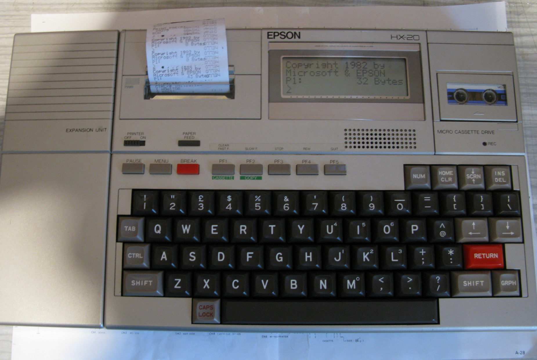Epson HX-20 front with all add ons at the BASIC prompt.